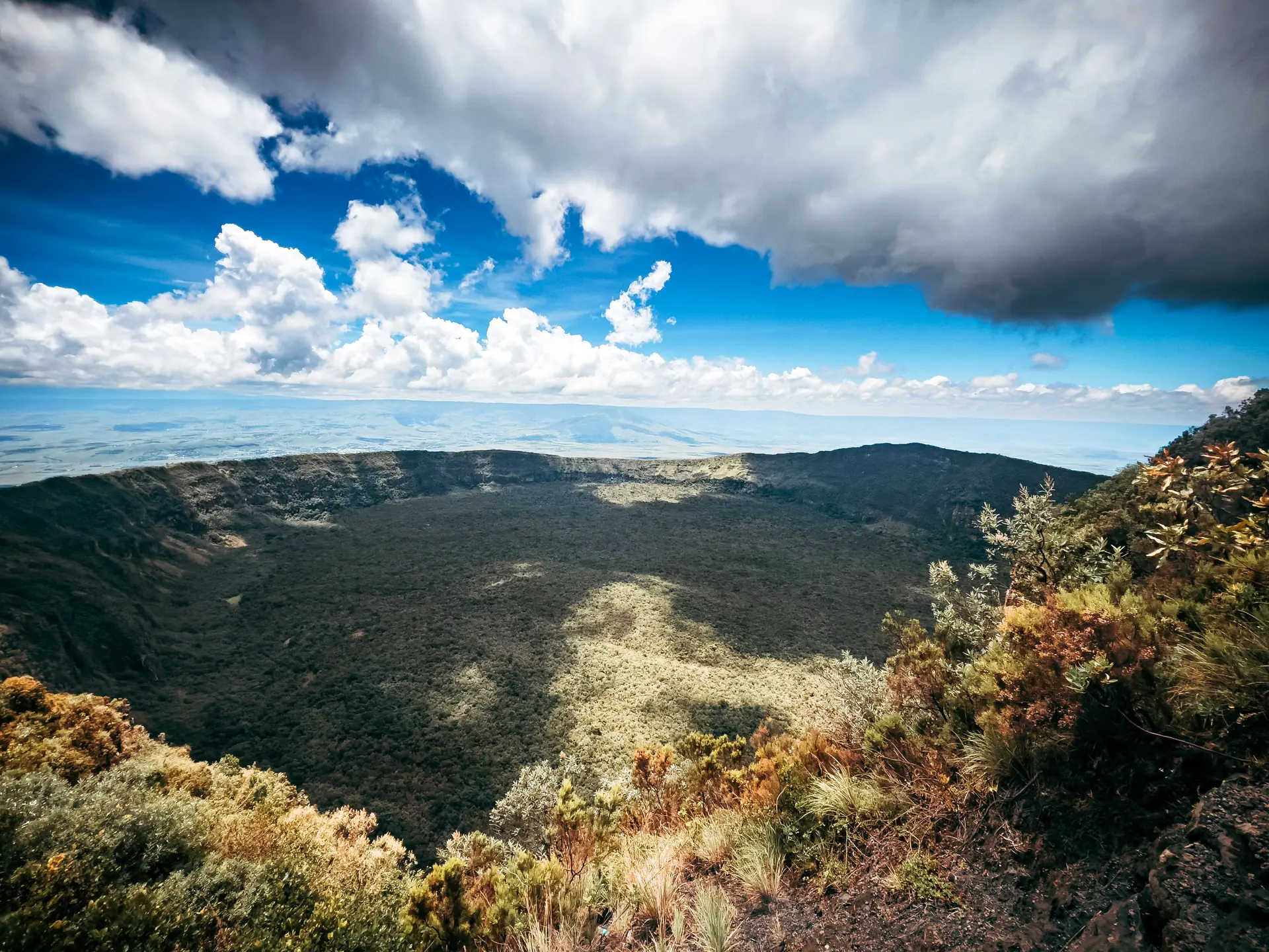 Aerial view of the forested crater of Mount Longonot in Kenya's Rift Valley